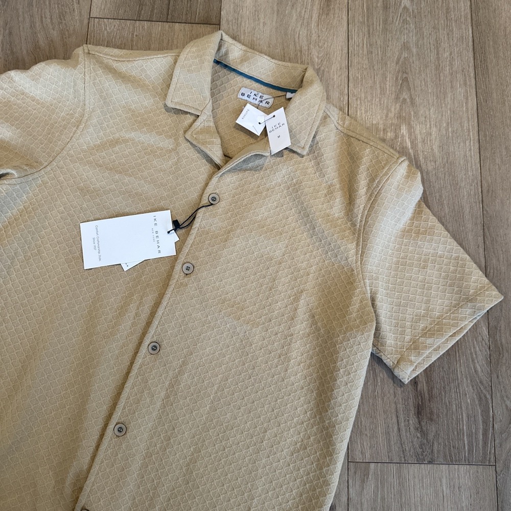 Ike Behar New York Men's Short Sleeve Button Shirt Beige Textured Preppy Medium